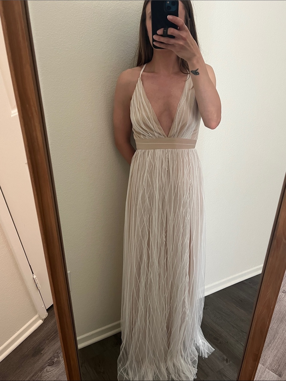 Lily Delicate Plunge-Neck Cream Maxi Gown